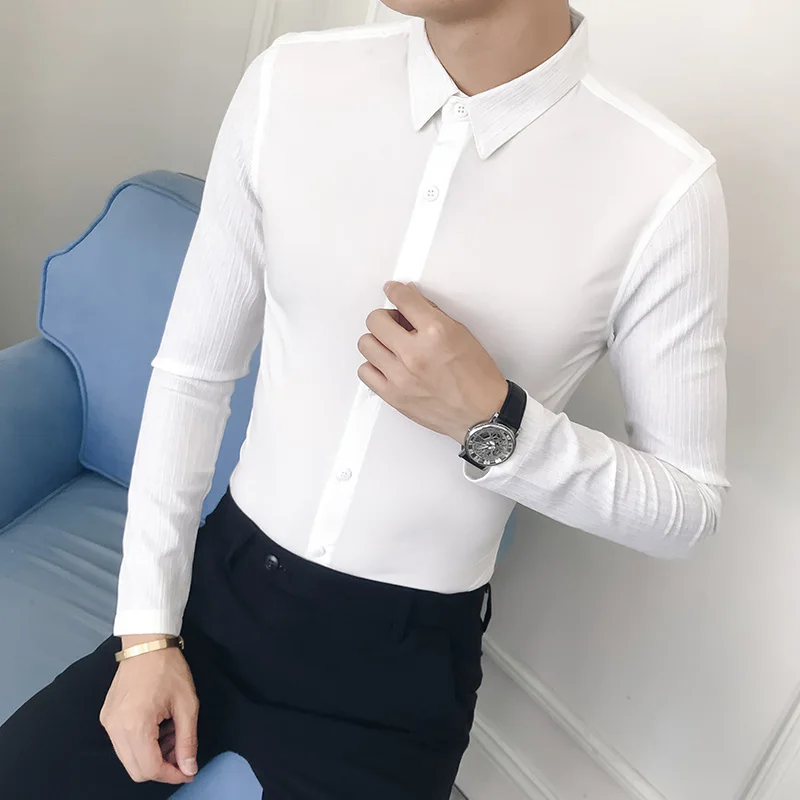 Новинка 2018 стильная мужская рубашка с длинными рукавами черная белая облегающая