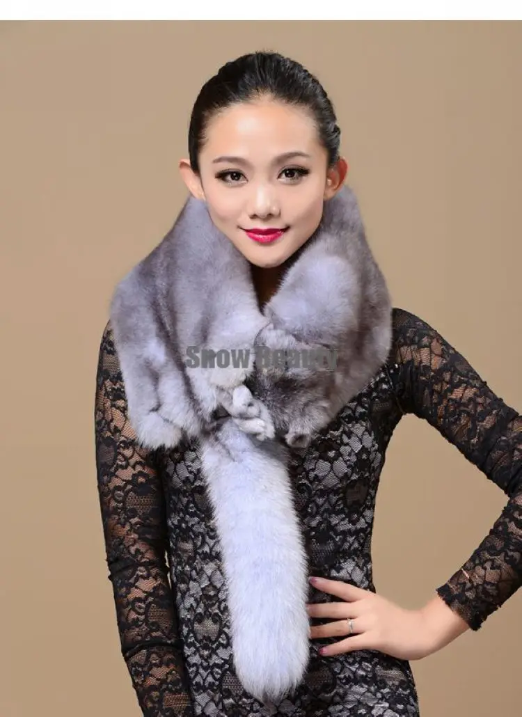 middle light grey Модный популярный женский шарф из натурального меха лисы, шарф с воротником, пушистый натуральный белый зимний шаль накидка палантин, шарфы - Цвет: middle light grey