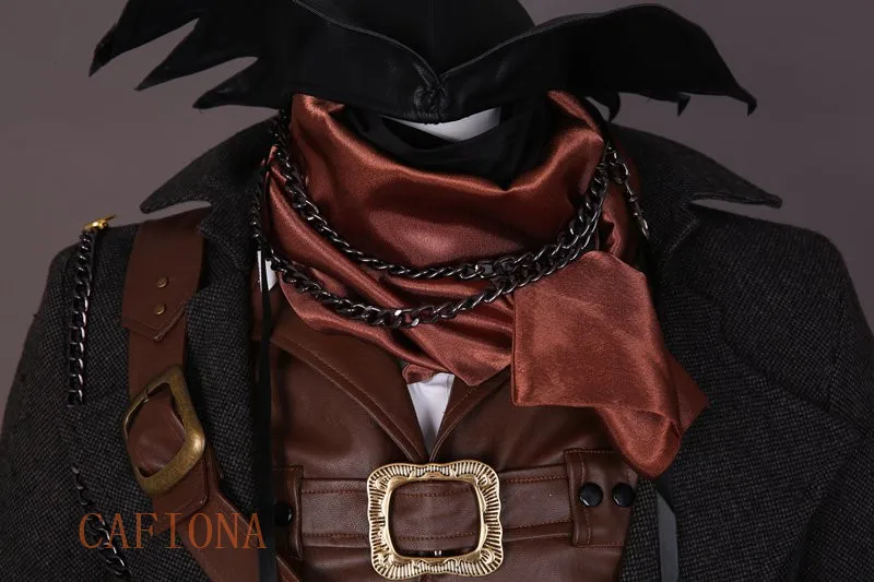 Cafiona Bloodborne Косплей Охотник Ludwig Косплей Костюм кожаный жилет пальто брюки шляпа шарф часы ожерелье маска 14 шт. набор