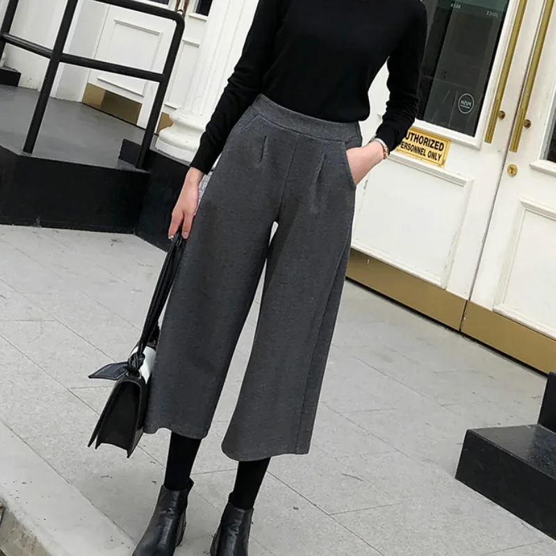 Женские широкие брюки pantalon черные повседневные с высокой талией в Корейском