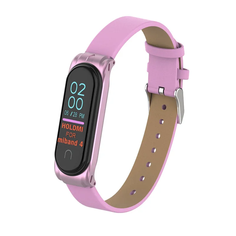 pink Colorful Leather Mi Band 4 3 Metal strap For xiaomi Mi Band 4 3 PU Stainless Bracelet MiBand 4 3 Wristbands Replacement straps - Цвет: pink
