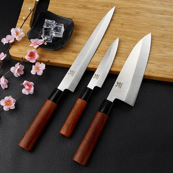 BIGSUNNY Sashimi суши нож Деба, немецкая Нержавеющая Сталь Pro Нож для нарезки, " Yanagiba/7" Deba/", ручка из розового дерева - Цвет: set of 3 sushi knife