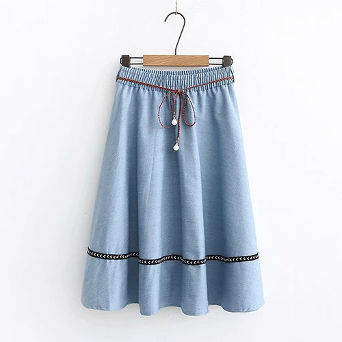 light blue Surmiitro, синяя джинсовая юбка миди, летняя женская юбка, весна, новинка, винтажный пояс с жемчугом, высокая талия, трапециевидная, солнцезащитная, школьная, джинсовая юбка для женщин - Цвет: light blue