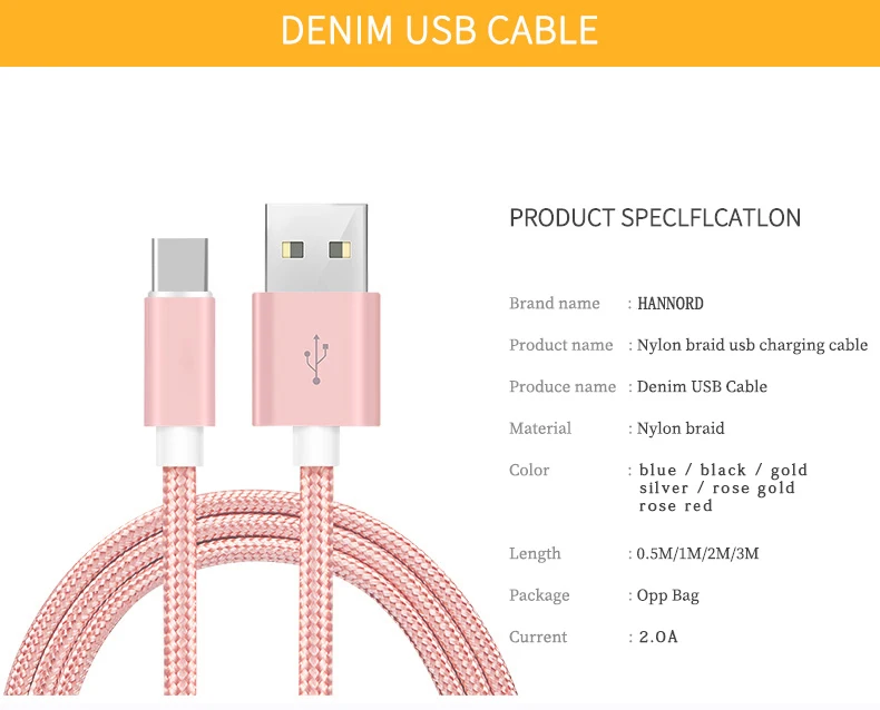 HANNORD USB C кабель 2A Быстрая зарядка нейлоновая оплетка type C кабель для передачи данных зарядный кабель для телефона Android samsung HUAWEI xiaomi
