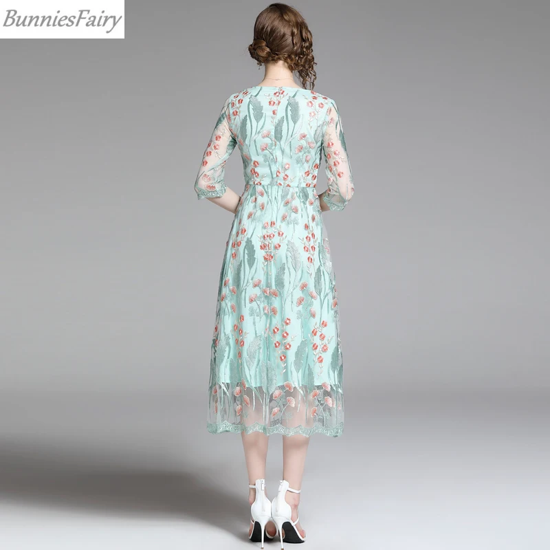 Mesh Embroidered Dress Female Summer Sweet Long Fresh Green Midi | Женская одежда
