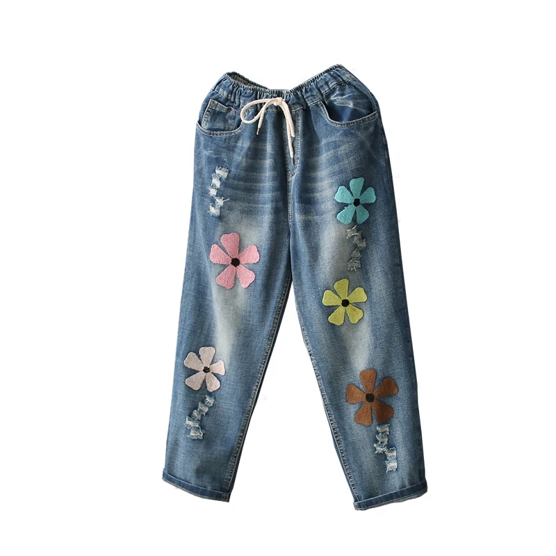 Summer New Female Line Sen Hole Letter Embroidered Flowers Loose Nine Points Jeans Trousers Women