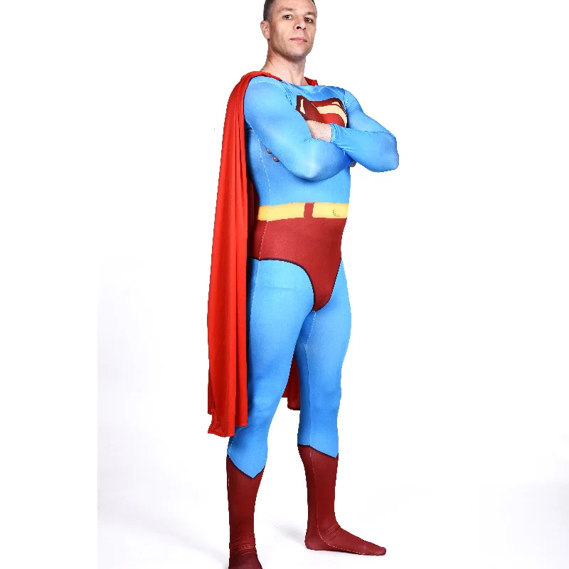Бесплатная доставка DHL печать синий лайкра зентай Костюм Супермена взрослый