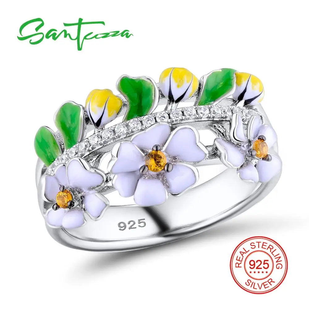 SANTUZZA серебряное кольцо для женщин, 925 пробы, серебряное, винтажное, Зеленый лист, белый цветок, вечерние ювелирные изделия, ручная работа, эмаль