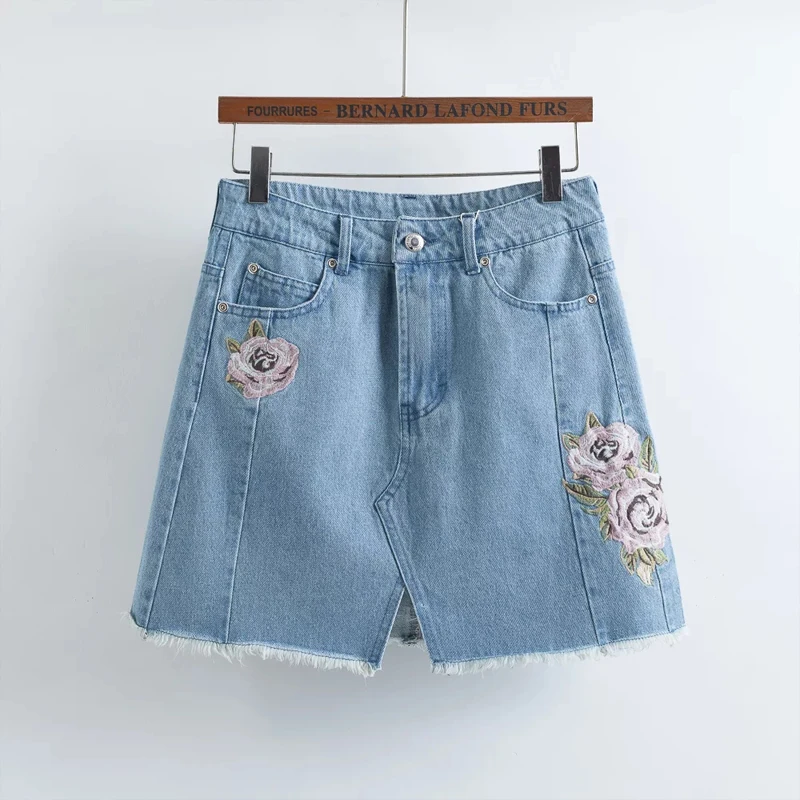 Женская джинсовая мини юбка с высокой талией 2017 разрезная пуговица карманы на