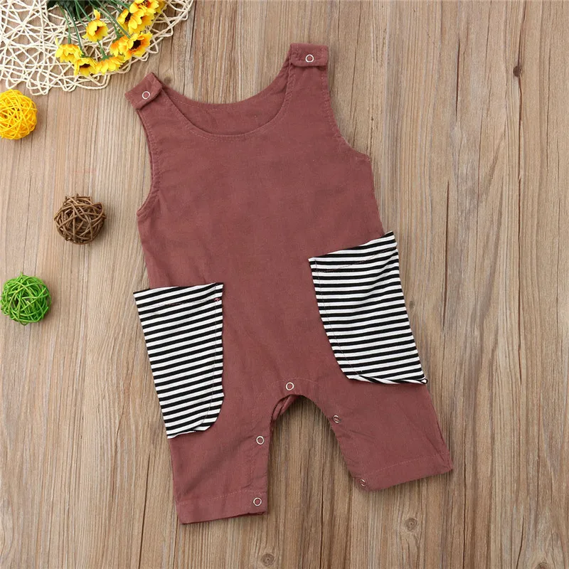 

Emmababy Newborn Kids Baby Girl Boy striped pocket Romper girls cotton sleeveless Jumpsuit Outfits Clothes Summer Rompers