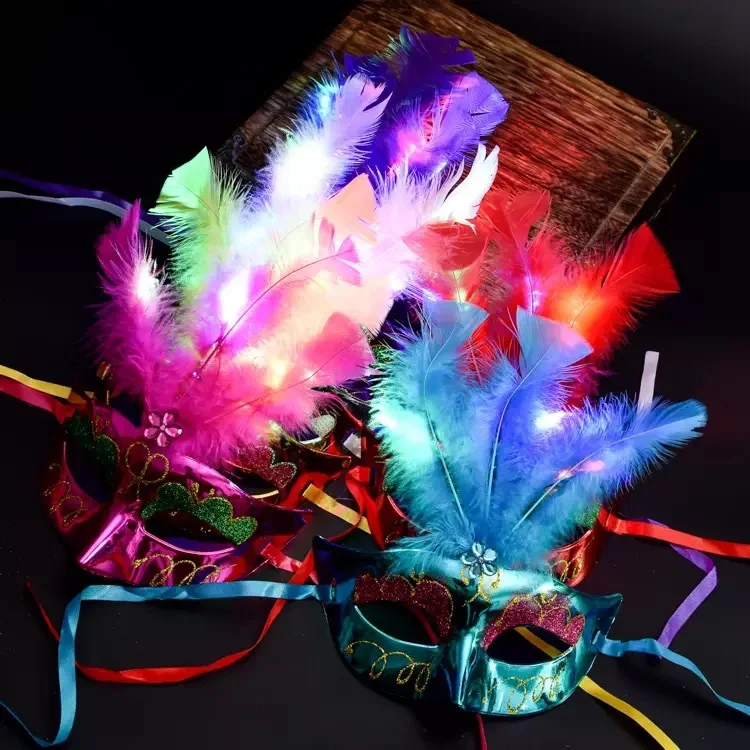 

New Fashion LED Glowing Party Mask Birthday Halloween Princess Feather Mask Light Up Masquerade Masks flash Party mask
