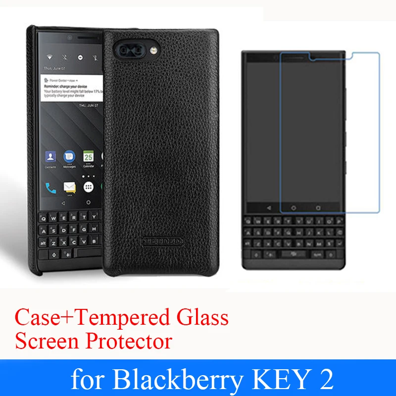 

Slim Case for Blackberry KEY 2 KEYTwo Genuine Leather Phone Cover + Tempered Glass Screen Protector for Blackberry KEY2 Shell