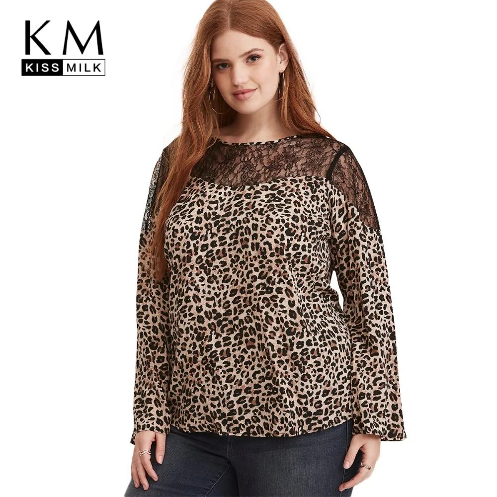 Kissmilk 2018 Большие размеры Leopard цветочные кружева лоскутное Для женщин блузки