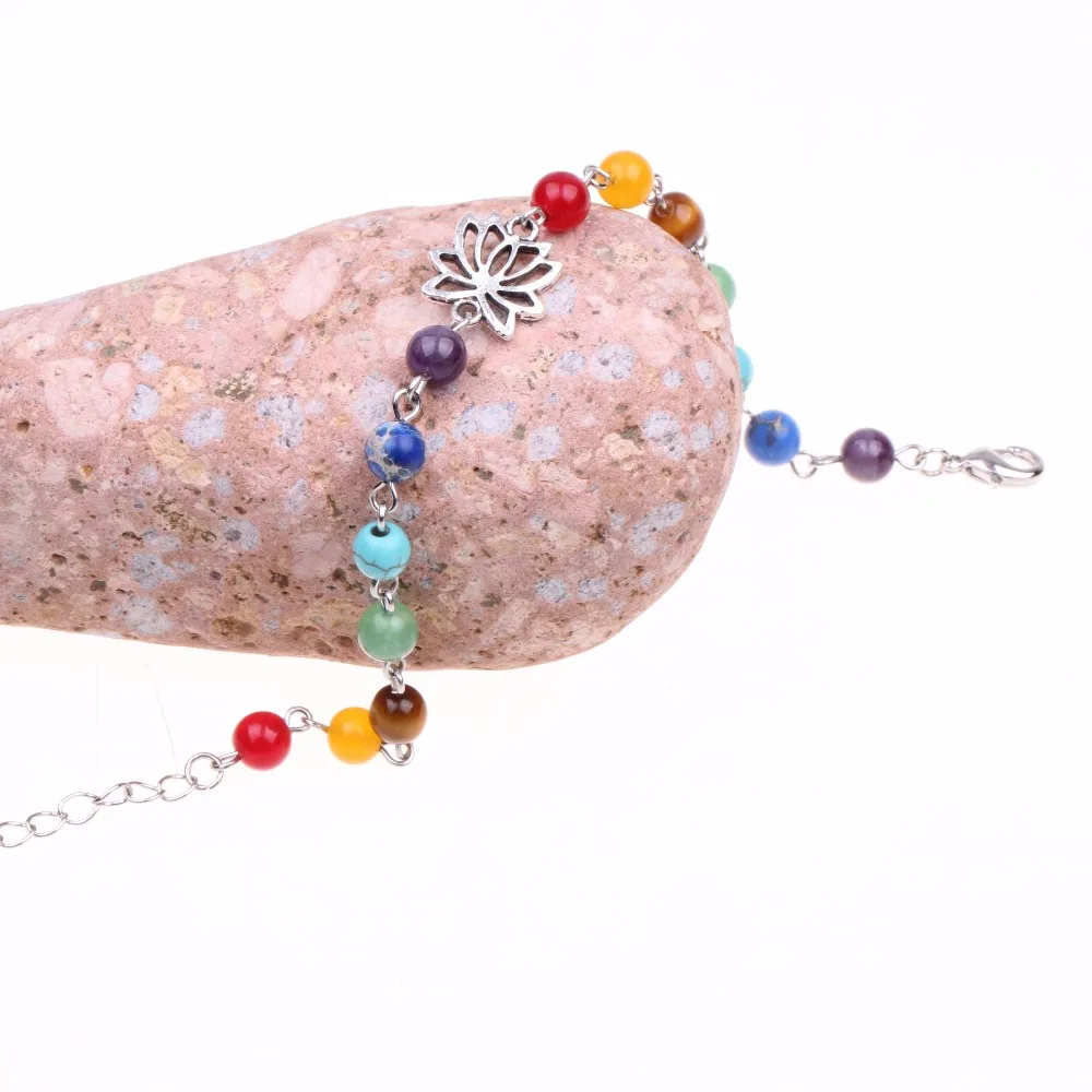 Silver Plated Handmade Chakra Yoga Barefoot Anklet for Woman Lotus Adjustable Foot Chain Natural Stone Jewelry Sandal | Украшения и