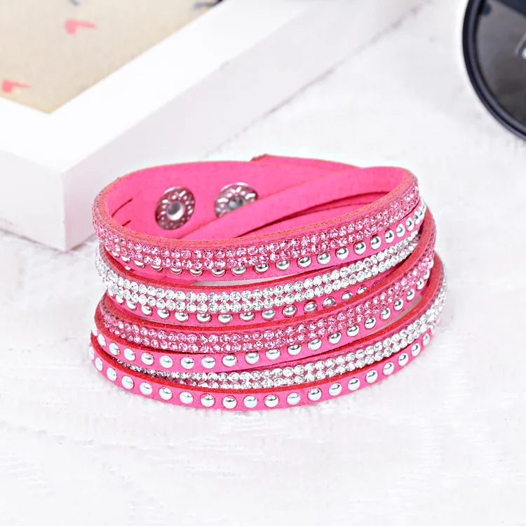 New Colorful 6 Rows Rhinestone Leather Wrap Wristband Cuff Punk Crystal Bracelets Bangle | Украшения и аксессуары