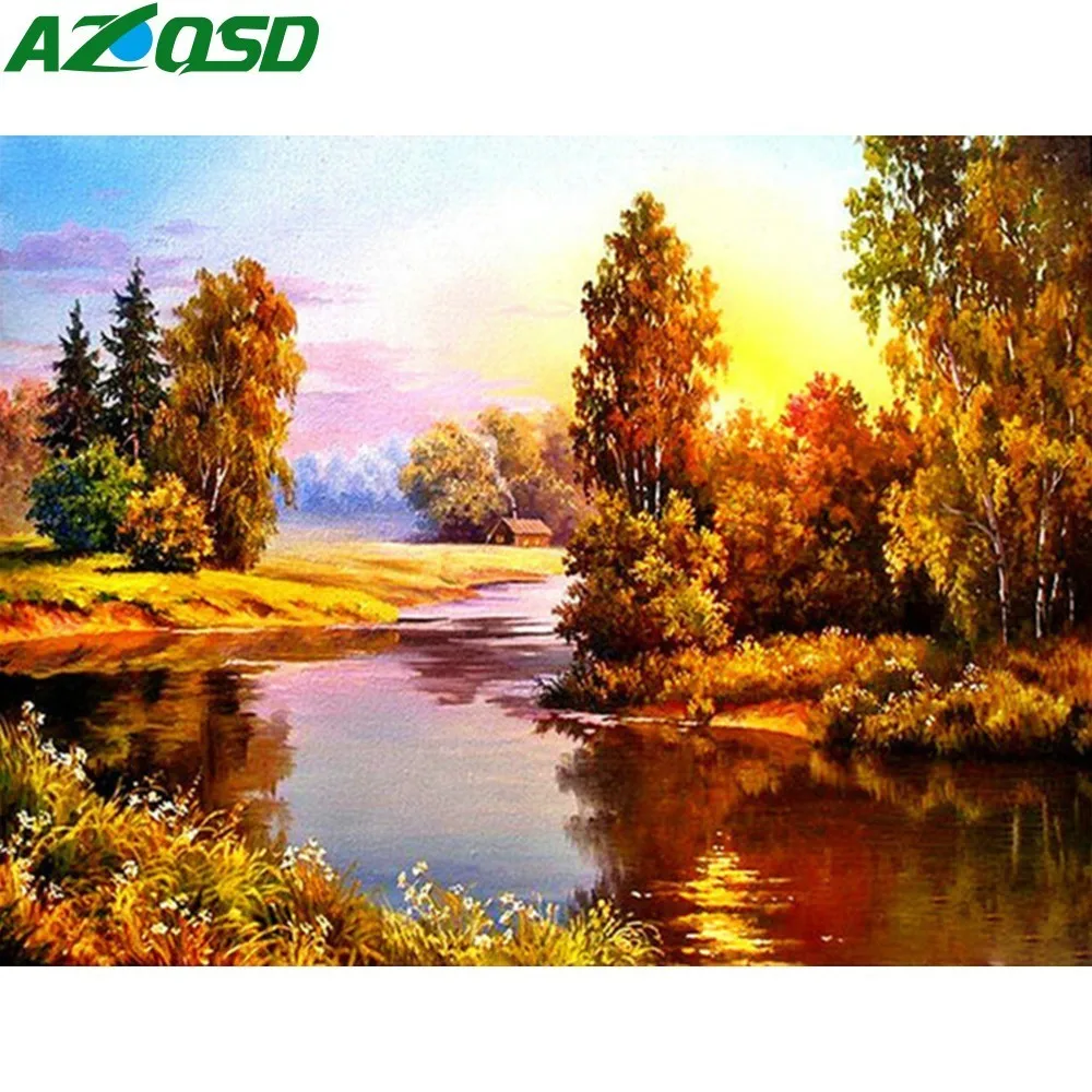 AZQSD Алмазная вышивка алмазная картина заката реки пейзаж сделай сам квадратные
