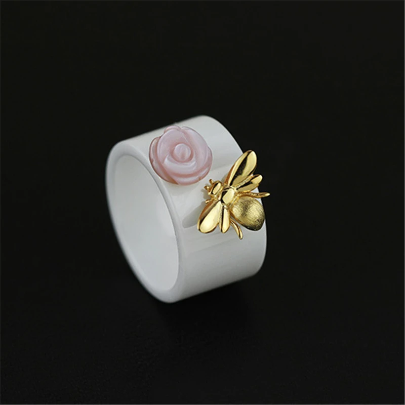 Lotus Fun Настоящее серебро 925 проба Натуральный ручной работы ювелирные изделия керамика милый пчела поцелуй из набор бижутерии с розой для женщин Bijoux