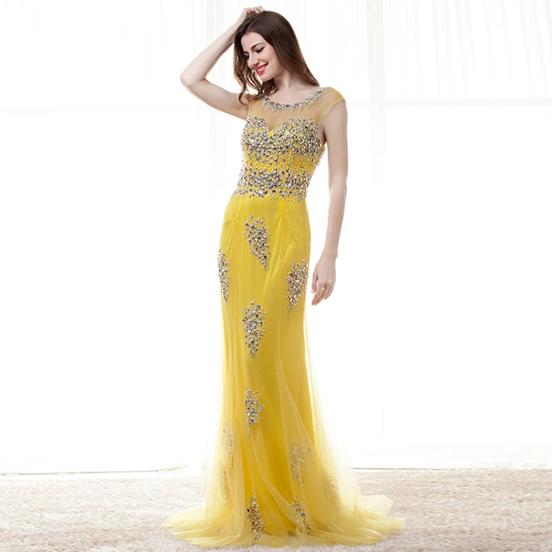 Длинное желтое вечернее платье 2018 Новое поступление Русалочки с открытой