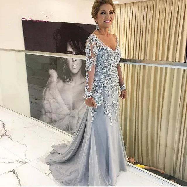 same as the photos Серебро Мать платье-Русалка для невесты с длинным рукавом кружева бисером Длинные свадебные платья Мать платья для свадьбы - Цвет: same as the photos