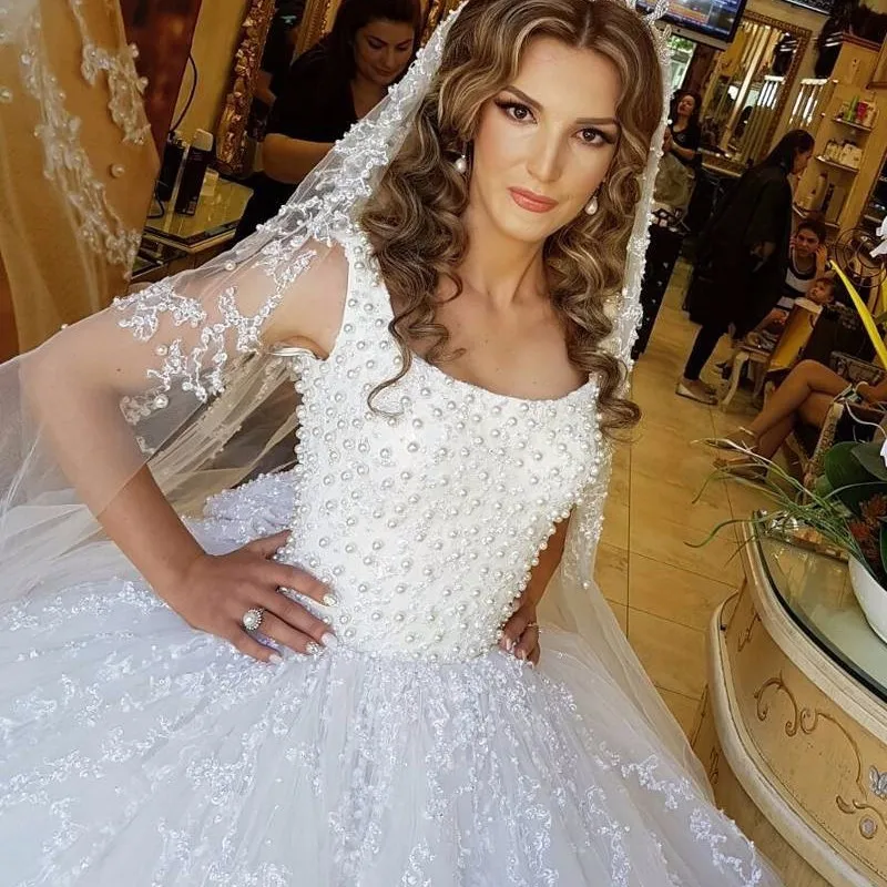 Vestido De Noiva Princesa Luxo abaya арабское исламское платье кружево с аппликацией из жемчуга свадебное платье Casamento с длинной вуалью
