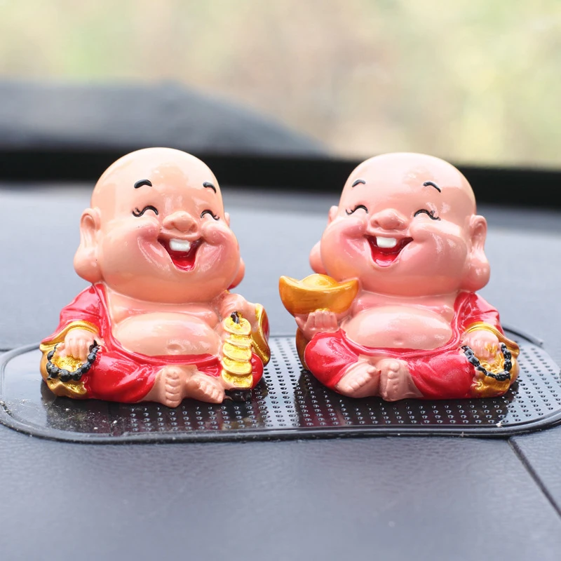 Car Ornaments Resin Smile Monk Maitreya Yuanbao Copper Buddha Crafts Figurines Lucky Statue Auto Decor Accessories |