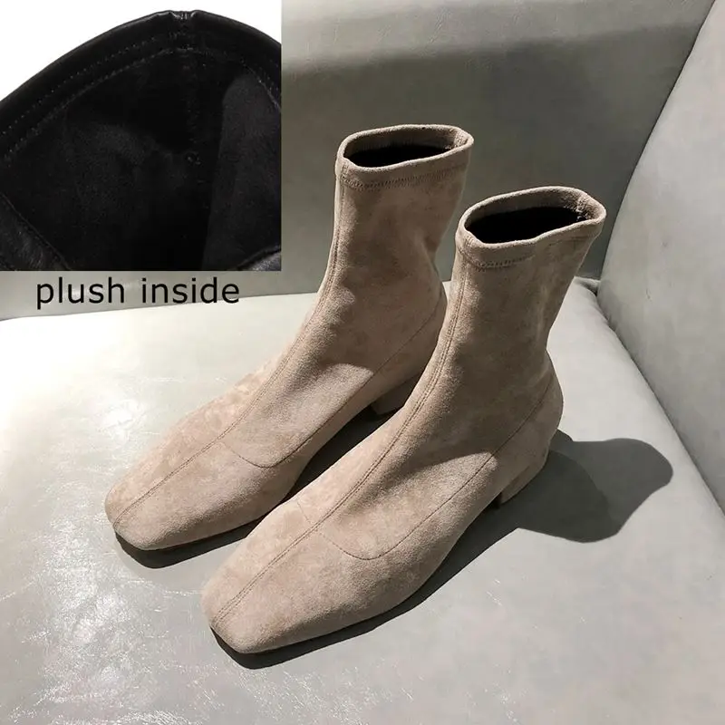 plush inside ALLBITEFO/Модные ботильоны для женщин с квадратным носком из мягкого флока и эластичного материала; новые зимние женские ботинки - Цвет: plush inside