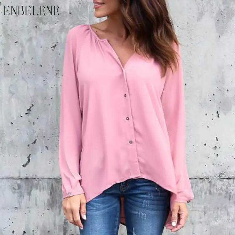 2018 New Ladies Full Sleeve Chiffon Tops For Women V-neck White Black Pink Female Loose Blouses Shirts Plus Size 45XL NH053 |