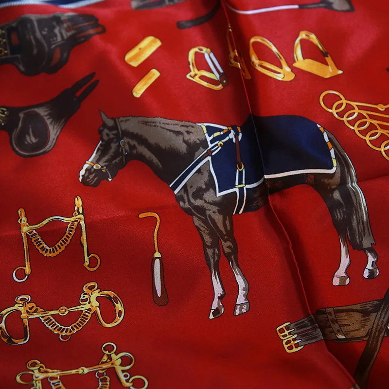 

High quality red horse small square silk scarf red striped fringed printed silk scarf