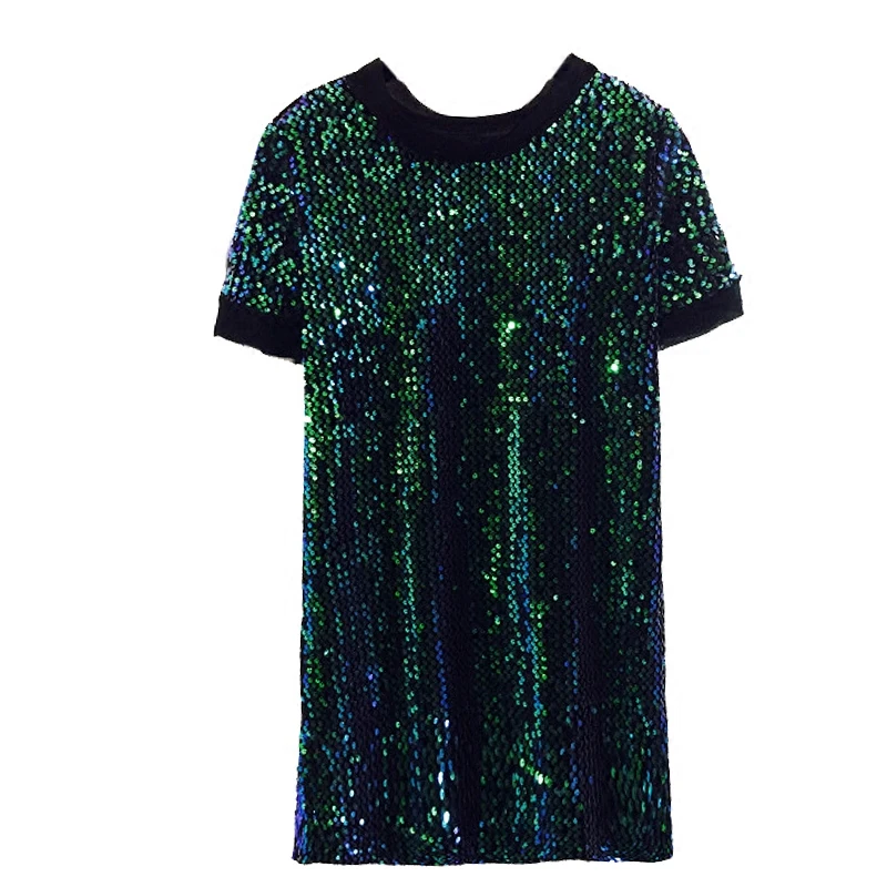 Летнее модное женское платье в стиле пэчворк с коротким рукавом и блестками
