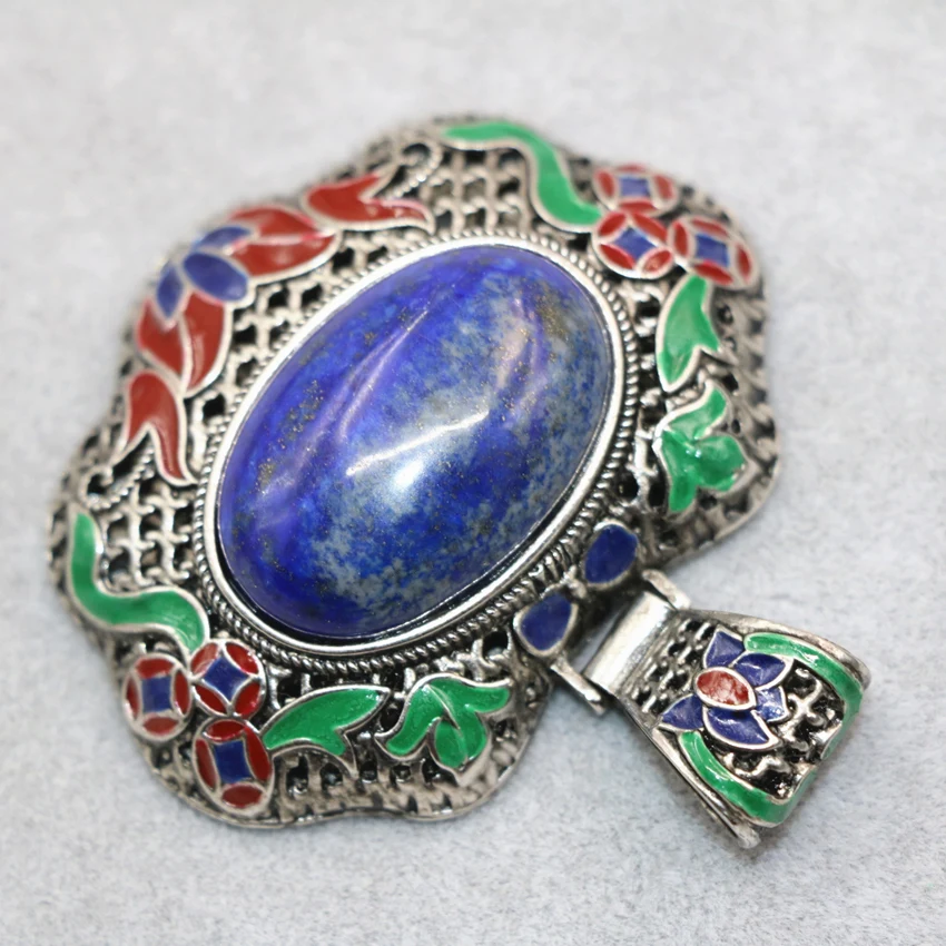 Подвеска из натурального овального лазурита 45*55 мм эмалированная антикварная