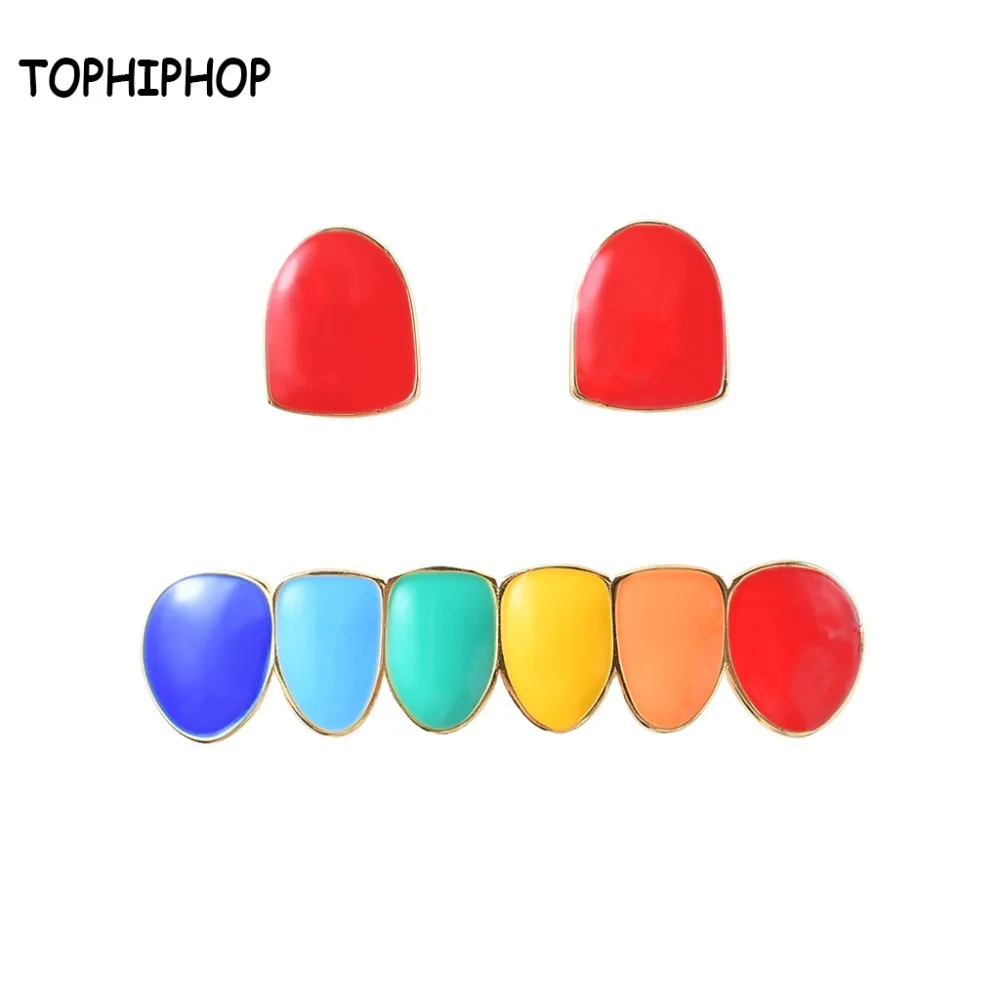 Радуга хип-хоп золото и серебро Новый Панк круглые одинарные зубы микс красочные