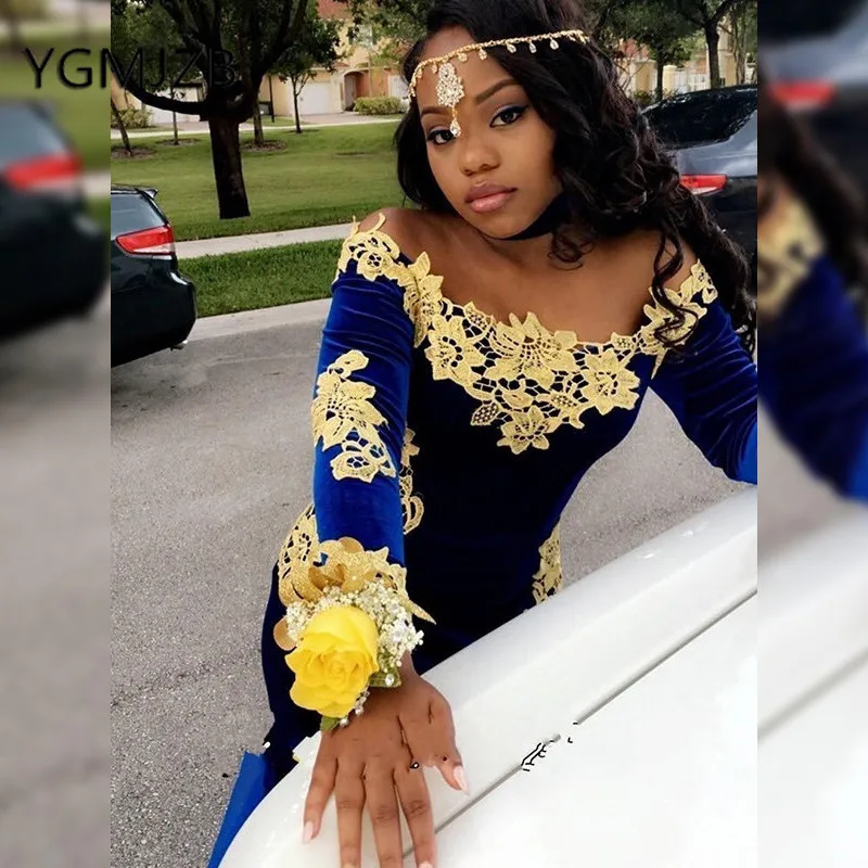 Женское длинное вечернее платье с юбкой-годе синее бархатное золотистой