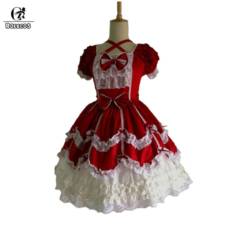ROLECOS 2018 Новое красное и белое лоскутное платье лолиты для женщин Милое кружевное