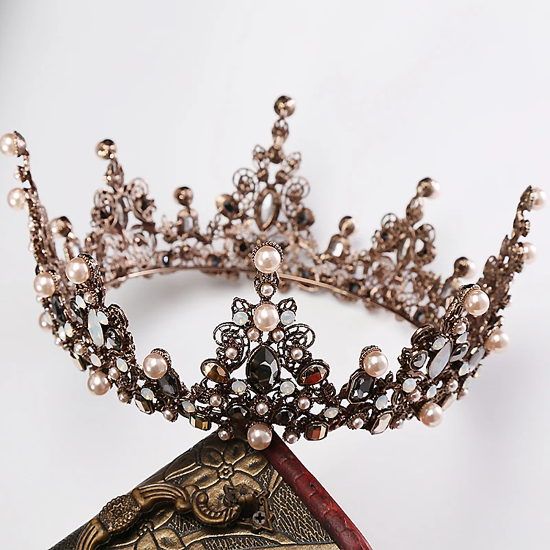 Vintage Baroque Large Tiara Bridal Crown Imitation Pearls Royal Diadems Full Round European Wedding Tiaras Bronze Black Crowns | Украшения