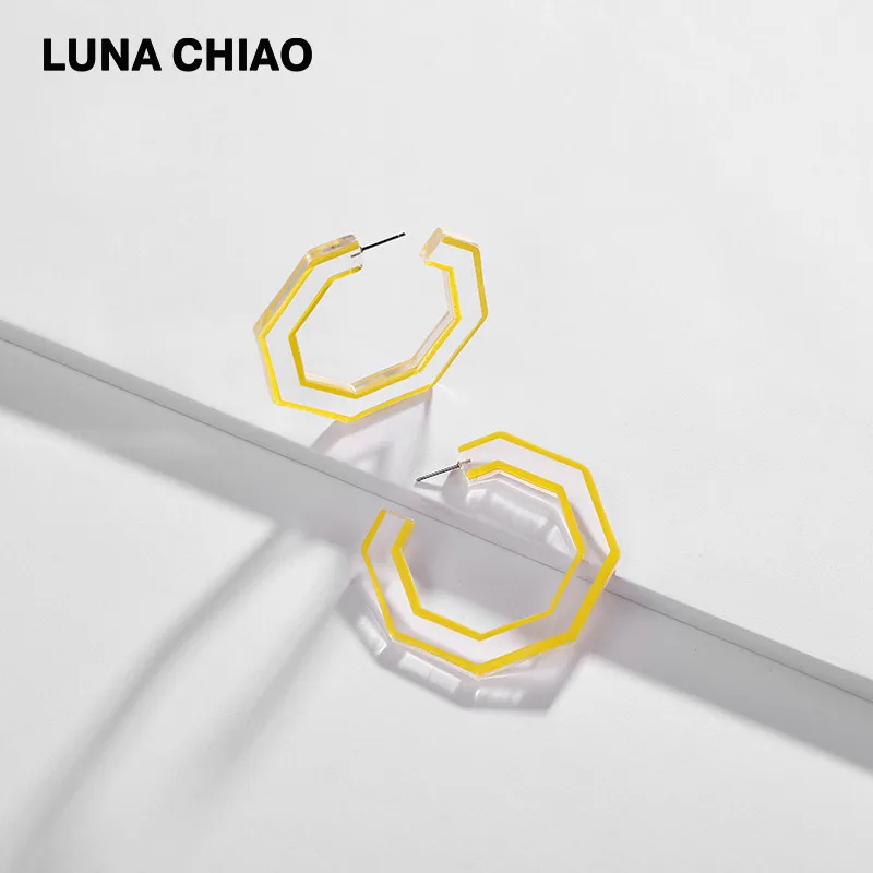 Yellow LUNA CHIAO, модные ювелирные изделия, Шестигранная форма, акриловые серьги-кольца, весна-лето, прозрачные полимерные серьги для женщин - Окраска металла: Yellow