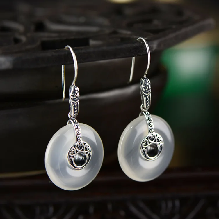 

2018 Earings Fashion Jewelry Natural Jade Pith Safety Button Earrings, Folk Wind, Women's Antique Thai Valentine's Day Gifts.