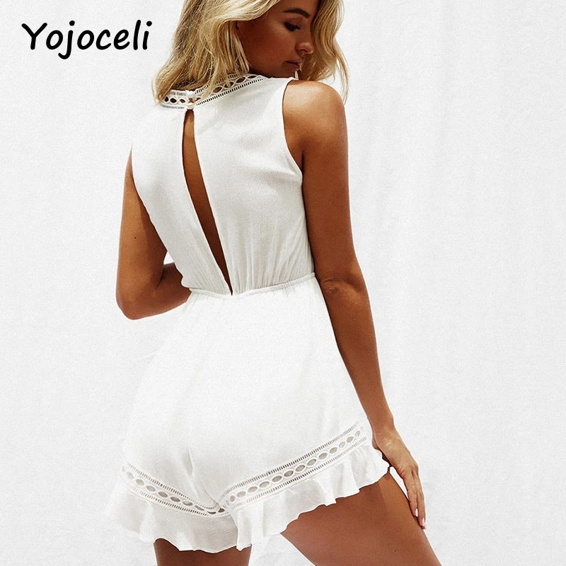 Yojoceli 2018 летний белый кружевной комбинезон женский с v образным вырезом богемные