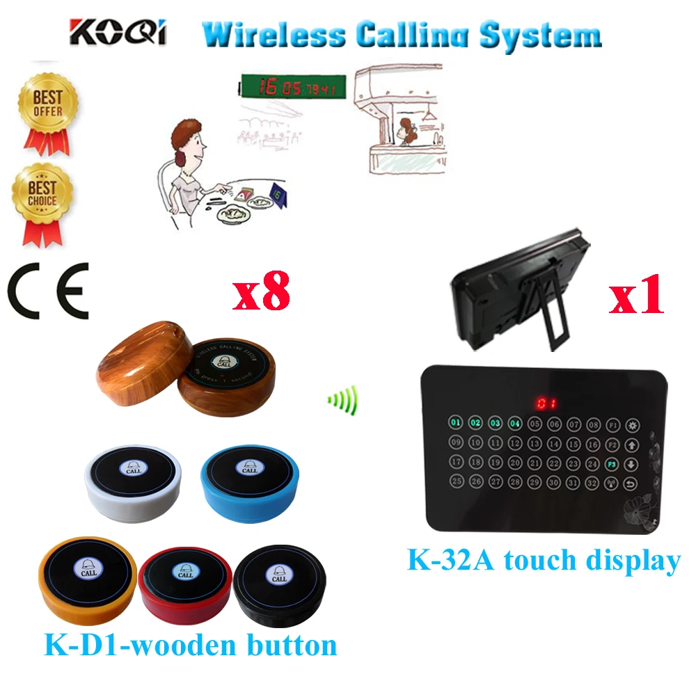Wireless Number Calling System 433.92MHZ Host Receiver 32 Routes With Caller For Counter Service Ycall (1 display+8 call button)