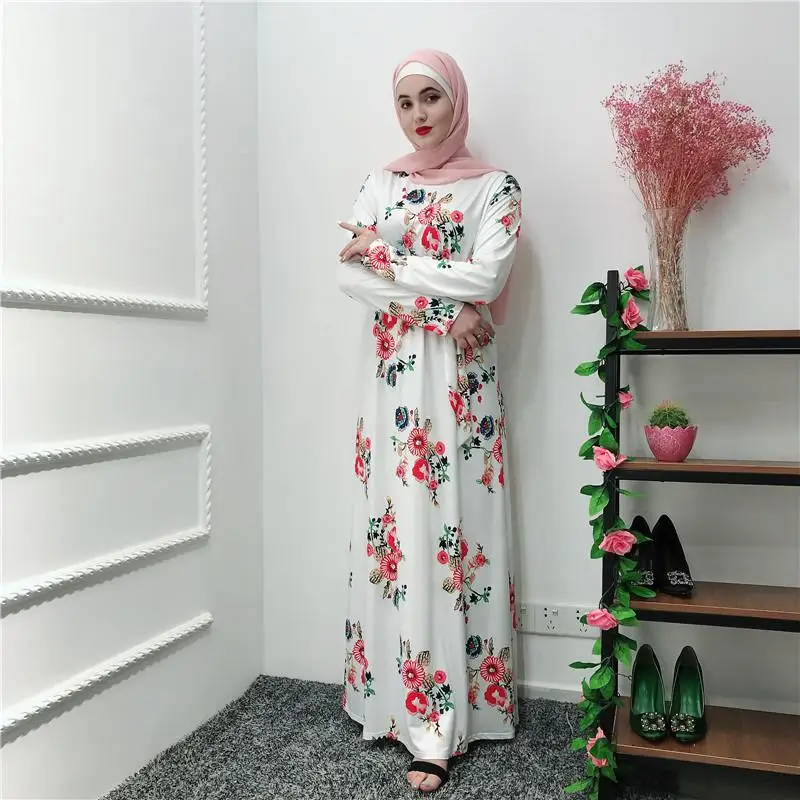 Женское мусульманское платье abaya, Турция, Дубай, Рамадан, кафтан, Турецкая мусульманская одежда, цветы, vestidos robe - Цвет: Белый