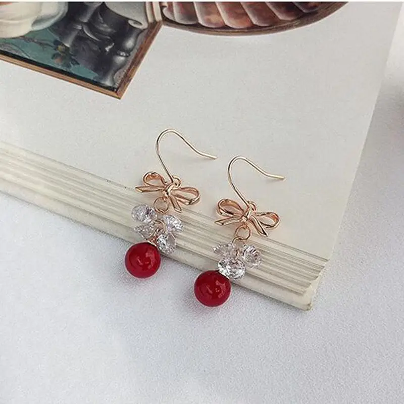 Silvology 925 Sterling Silver Bow Zircon Red Bead Female Earrings Rose Gold Creative Texture Drop Friendship Jewelry | Украшения и