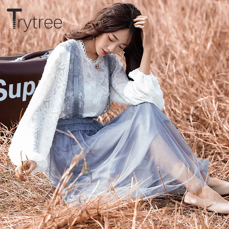 Комплект из двух предметов Trytree Женский романтичный Повседневный Топ с пышными