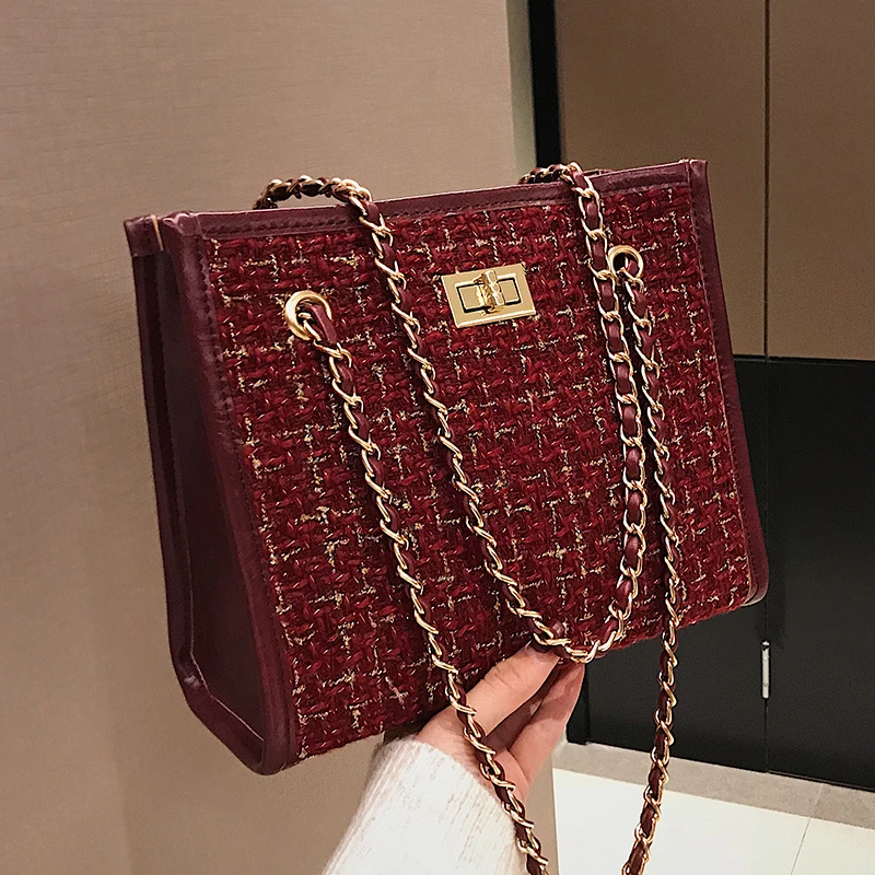 

2 bags Winter New Ladies Big Tote bag High-quality Woolen Women's Designer Handbag Lock Chain Shoulder Messenger bags