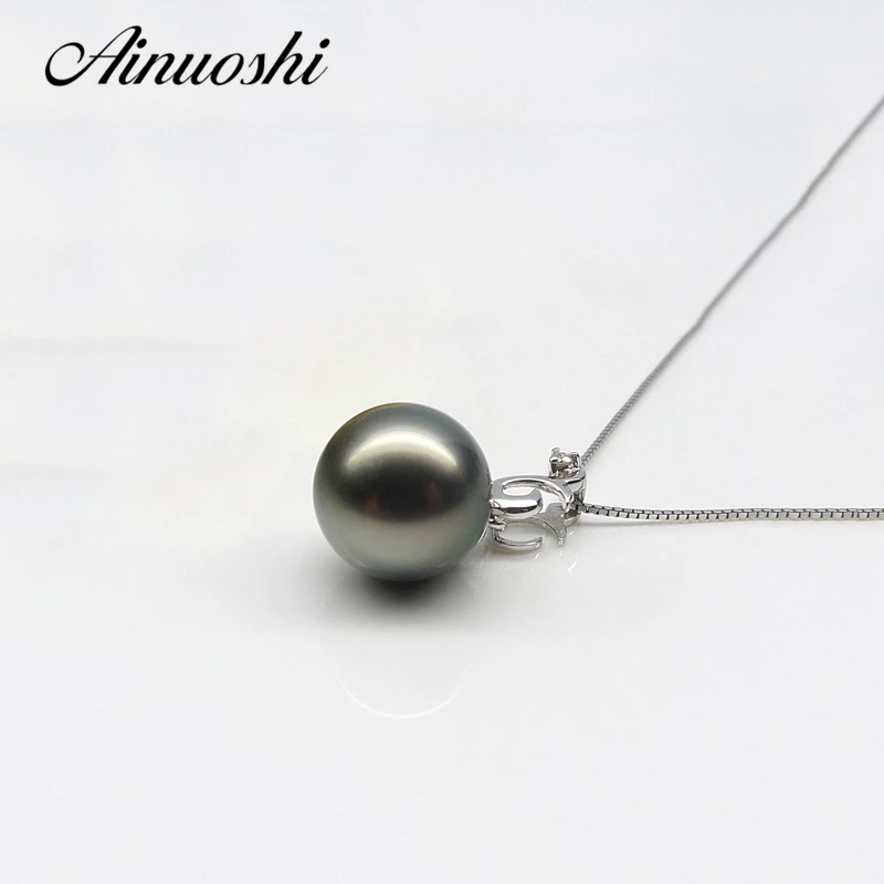 AINUOSHI Природный таитянская Черная жемчужина 9 5-10 м кулон ожерелье со звеньями 925