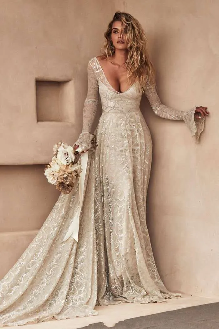 Robe De Mariee Boho пляжное свадебное платье винтажное кружевное с длинными рукавами Vestido De Noiva сексуальное богемное свадебное платье с открытой спиной