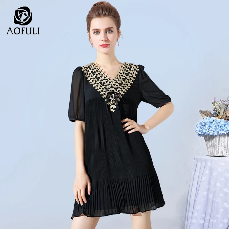 AOFULI L XXXL 4XL 5XL Золотое плиссированное платье с v образным вырезом и вышивкой летняя