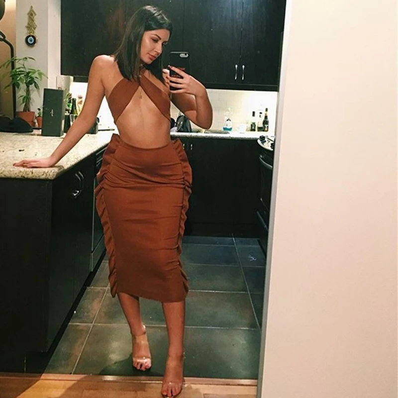 Pofash 2018 Spring Summer Women Dress Cropped Sexy Crop Top Knee Length Bandage High Waist Ruffles Side Bodycon Dresses | Женская одежда
