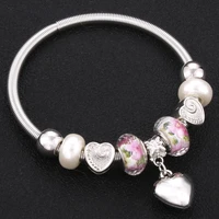 trendy elastic metal beading antique original heart charm bracelets for women glass beads brand bracelet bangle jewelry gift