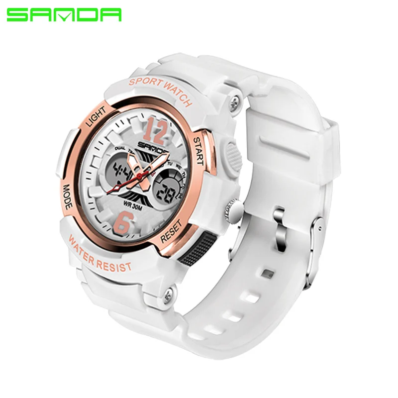 Rose White SANDA брендовые электронные спортивные часы, женские кварцевые часы, повседневные водонепроницаемые светодиодный цифровые наручные часы, женские часы, Montre Femme - Цвет: Rose White