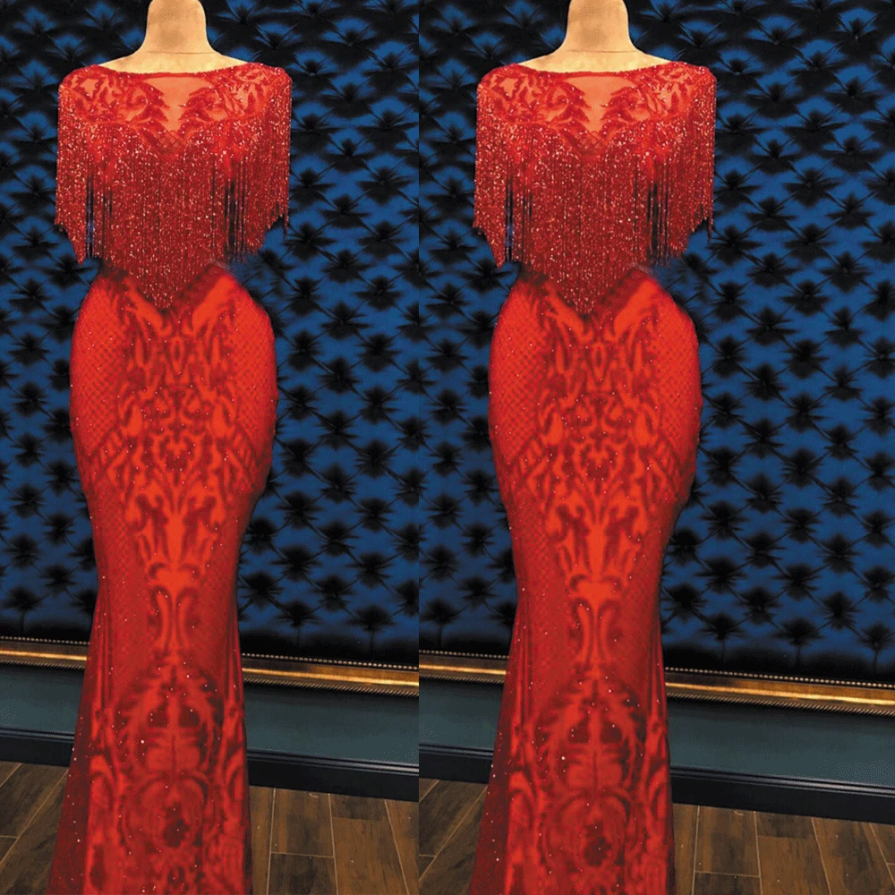 

SuperKimJo Party Dresses Women Evening Red Tassels Evening Dresses Long Modest Beaded Sparkly Elegant Formal Evening Gown