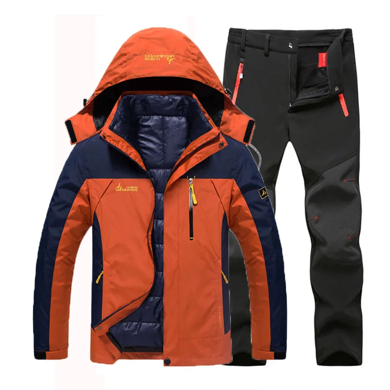 Orange Black set 6XL костюм размера плюс для походов, Походов, Кемпинга, катания на лыжах, альпинизма 3 в 1, уличные куртки, набор для мужчин, зимние водонепроницаемые рыболовные термо брюки - Цвет: Orange Black set